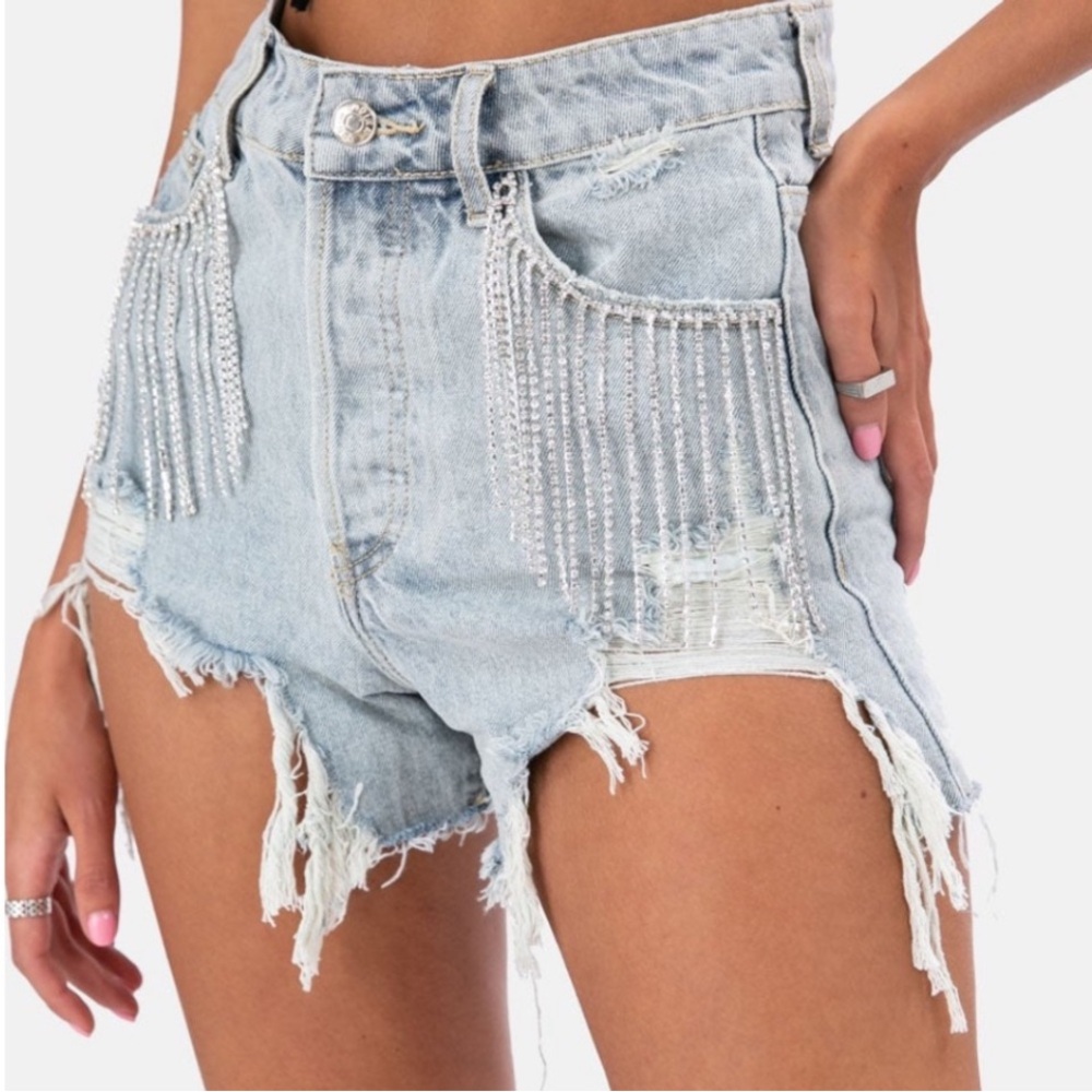Adika Denim Rhinestone Fringe Distressed Cut Off Shorts Size Medium NWT